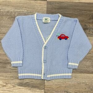 Vintage 80s 90s Chemise Lacoste Car Tree Blue White Babies‎ 18M Cardigan Sweater
